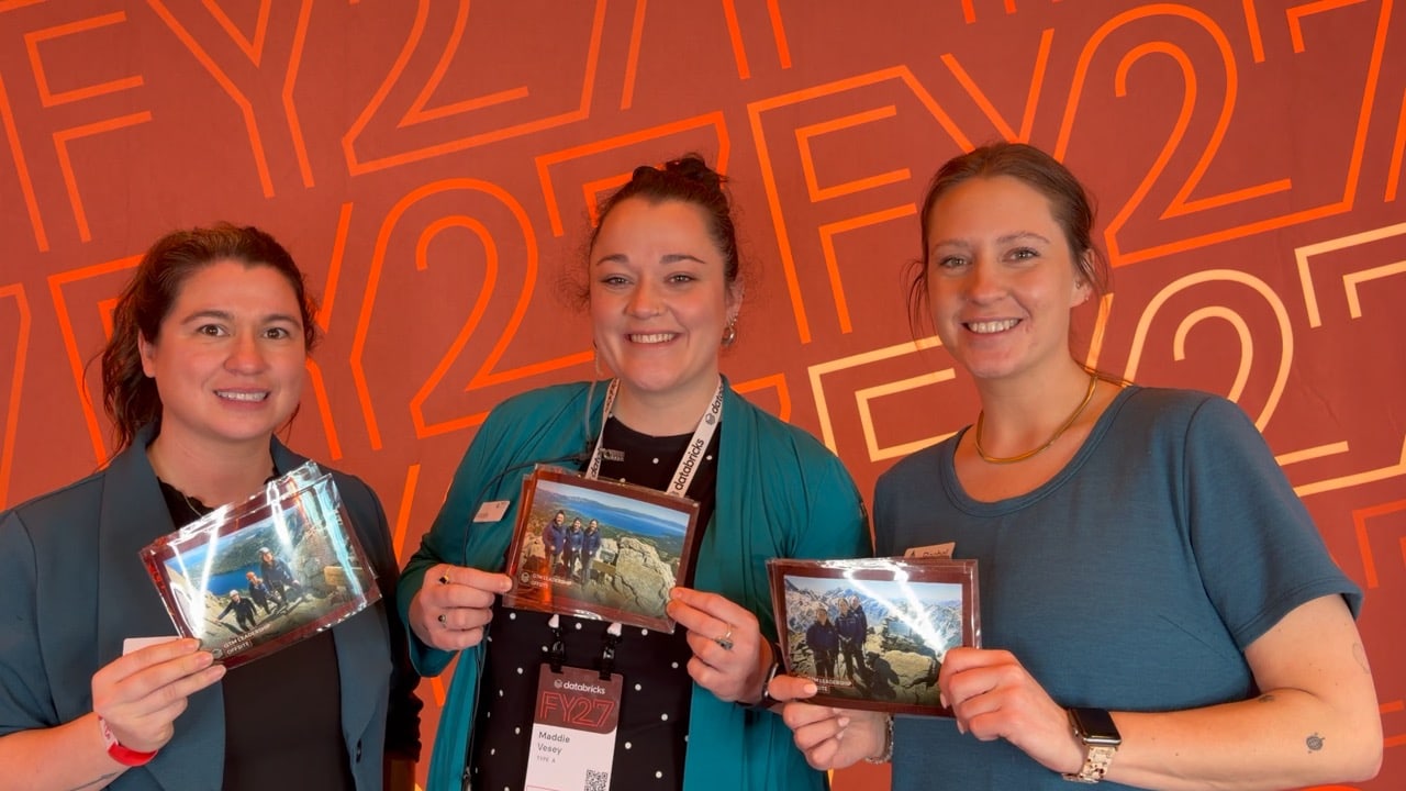 Databricks GTM Leadership Offsite guests holding their finished mountain-adventure portrait prints
