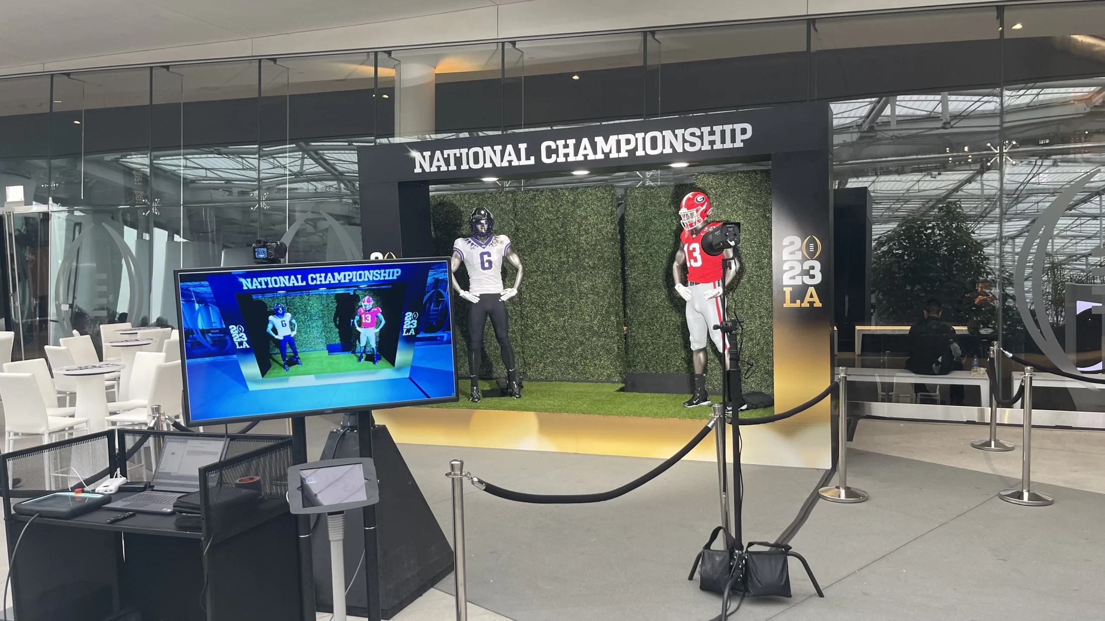 Preview monitor beside the College Football Playoff 2023 robotic camera installation