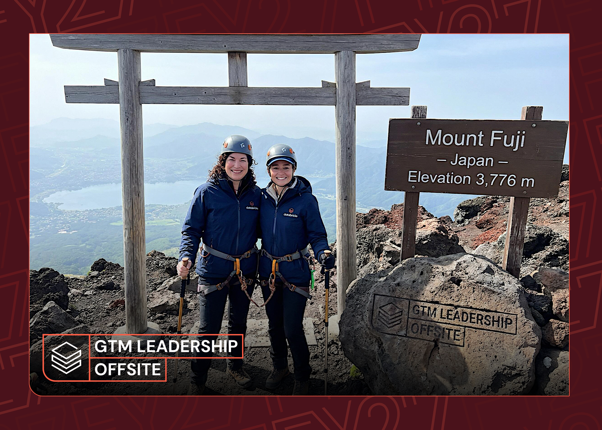 Branded mountain-adventure portrait with a GTM Leadership Offsite frame