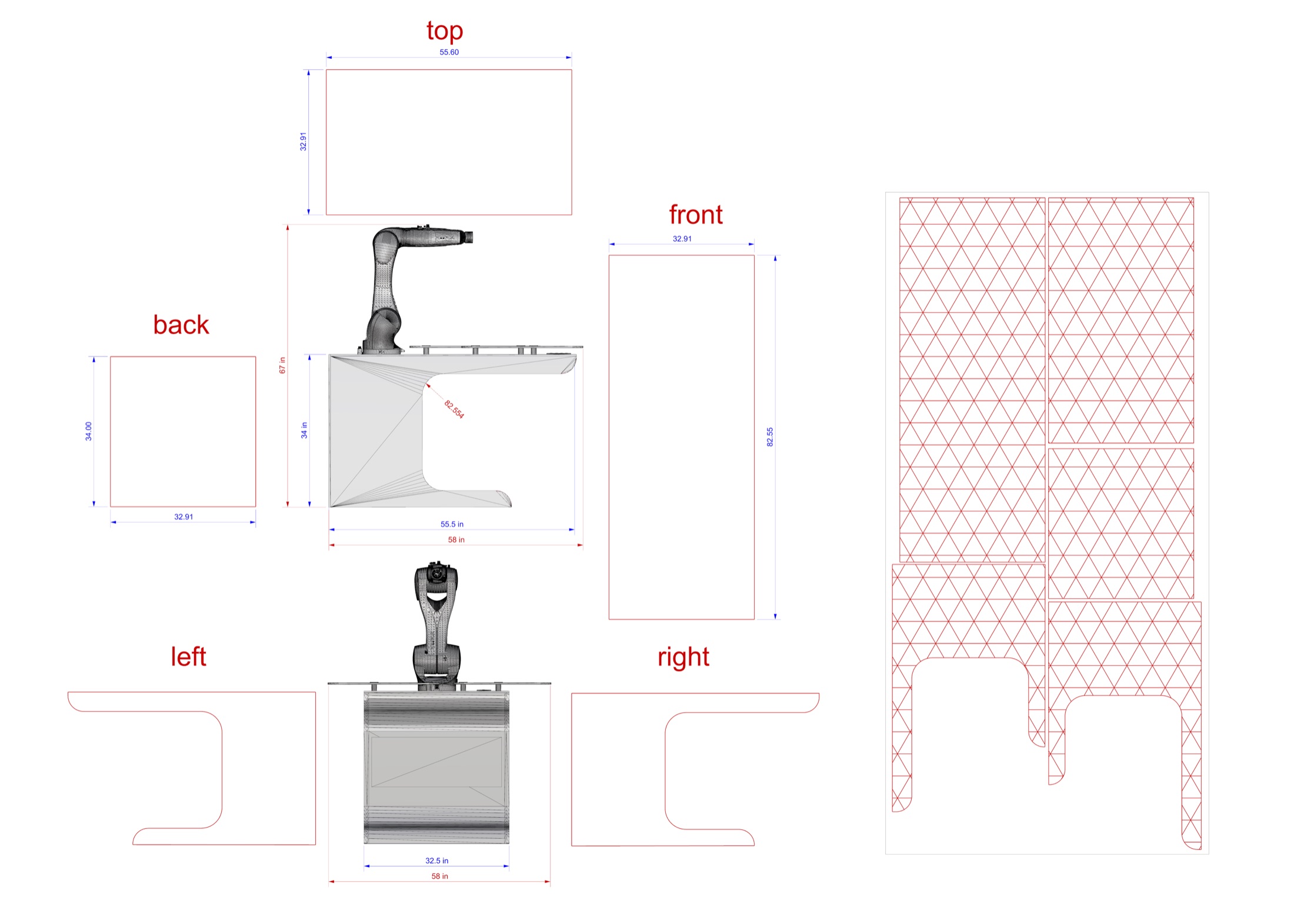 Robotic bartender fabrication drawing with front, side, top, and rear dimensions