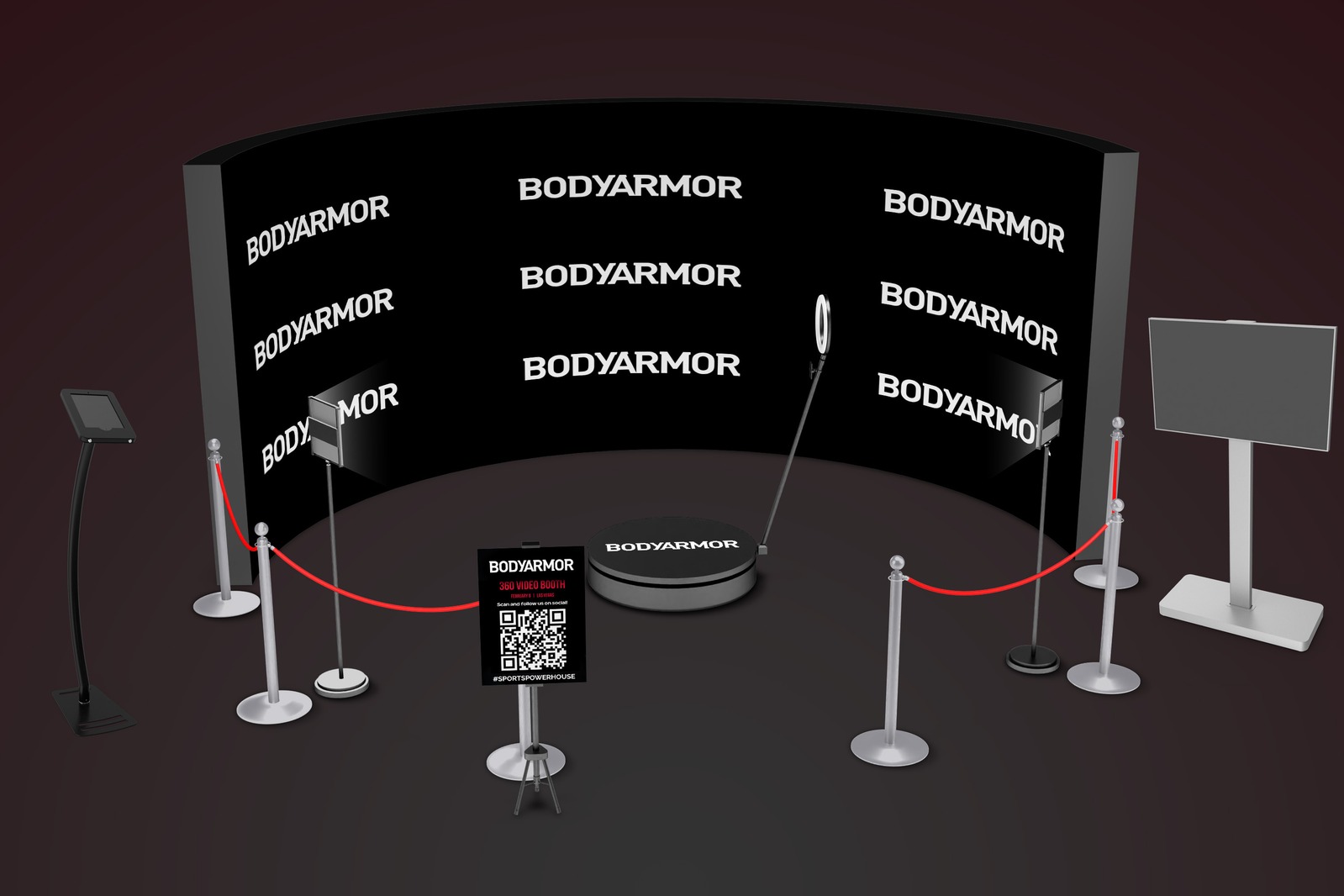 BODYARMOR 360 booth concept rendering with curved branded backdrop, platform, lighting and guest queue