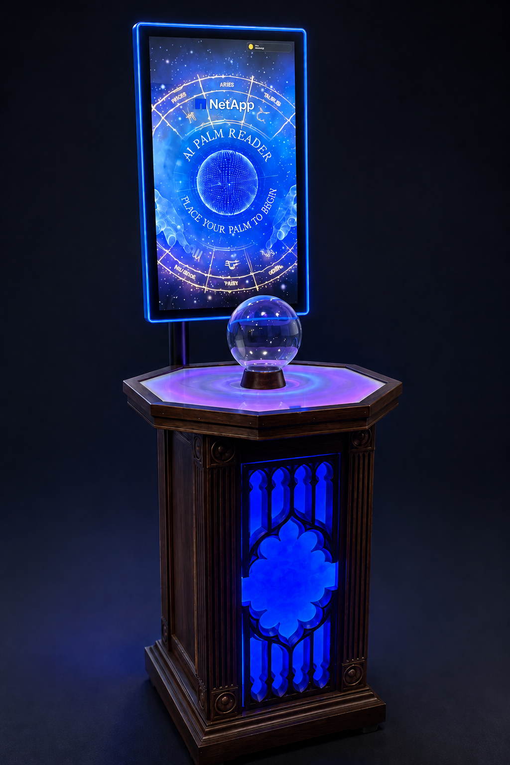 Three-quarter render of the AI Palm Reader installation