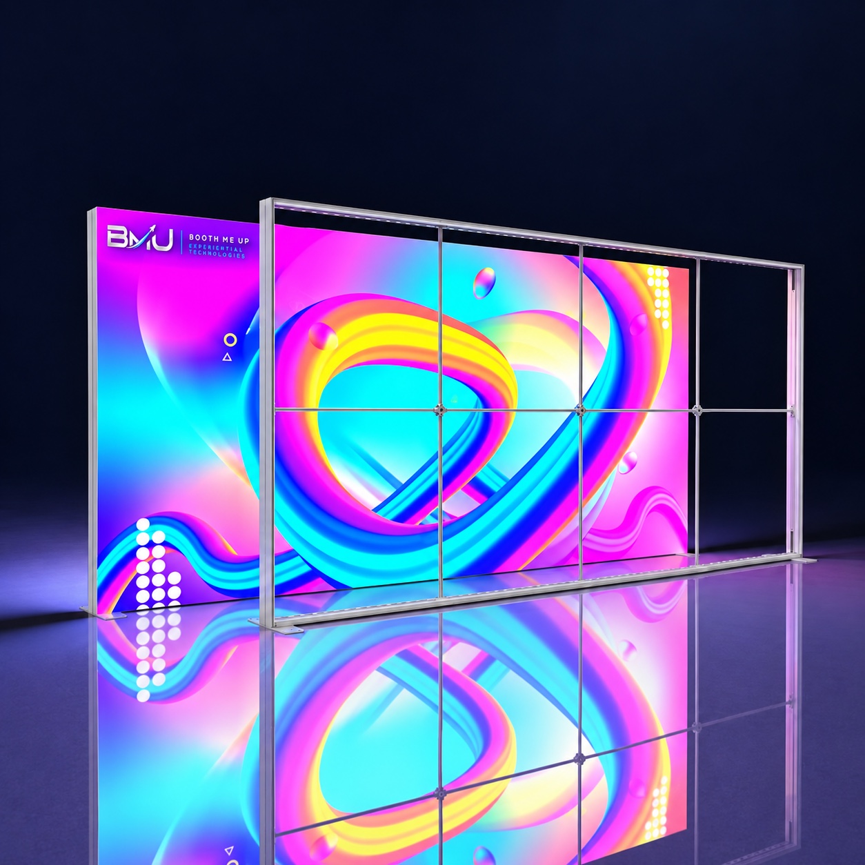 Exploded product view of backlit fabric display and supporting frame