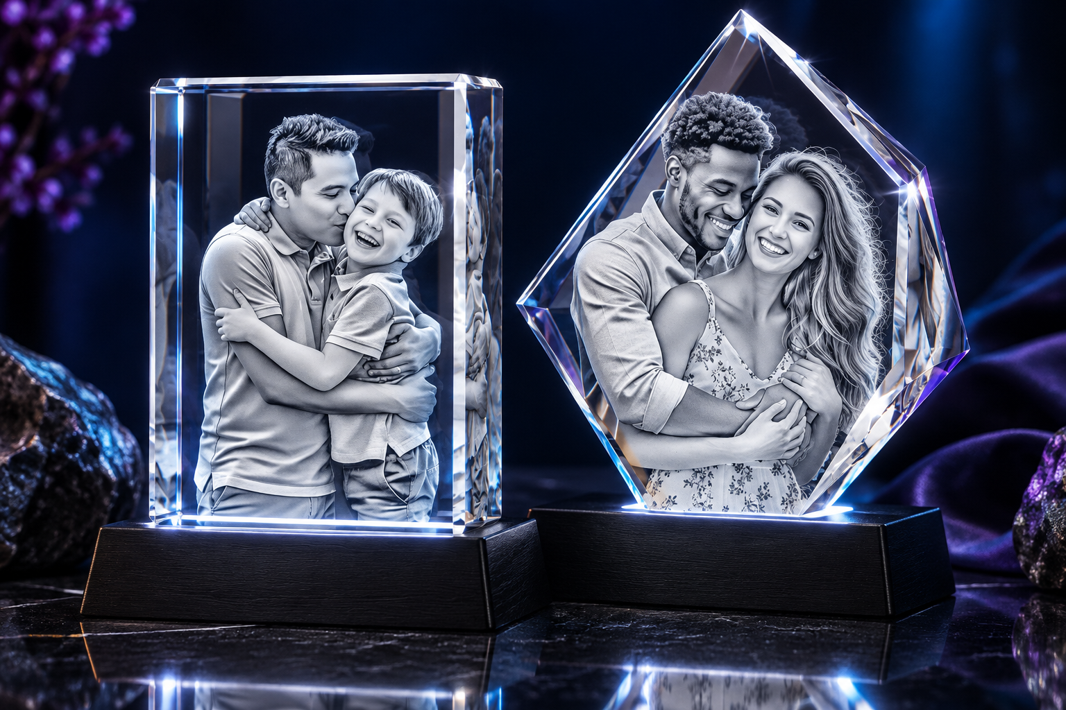 Styled presentation of rectangular and faceted engraved crystal portrait keepsakes