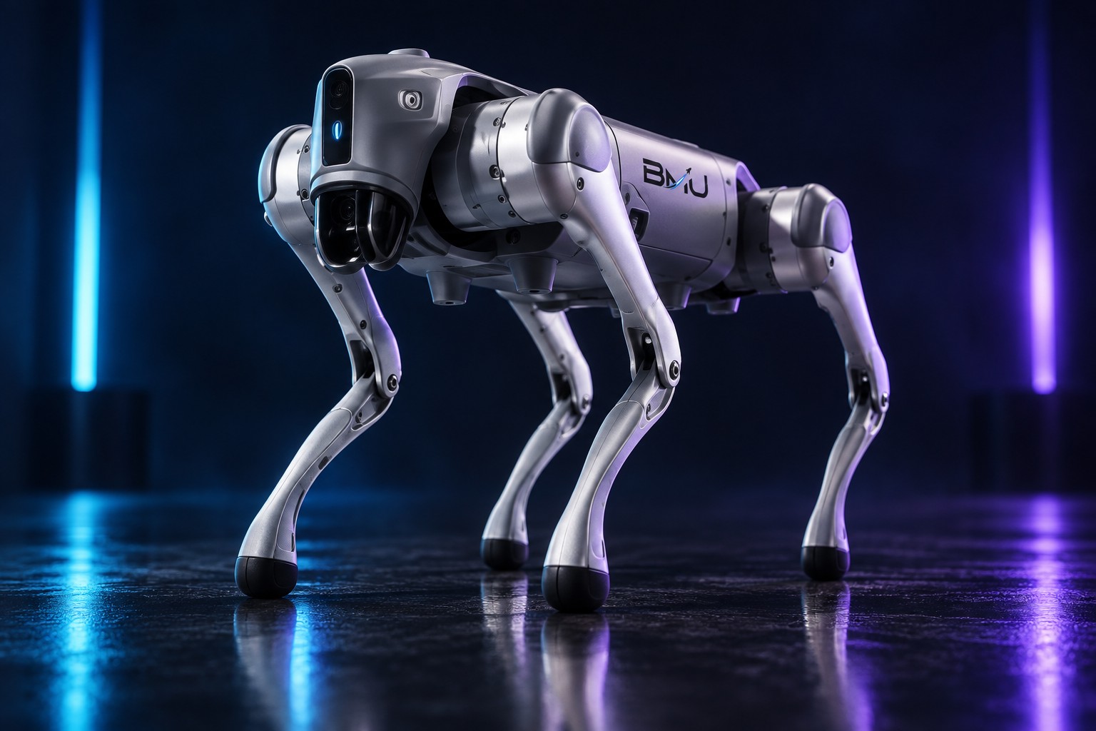 BoothMeUp silver robot dog in a navy studio configuration visualization