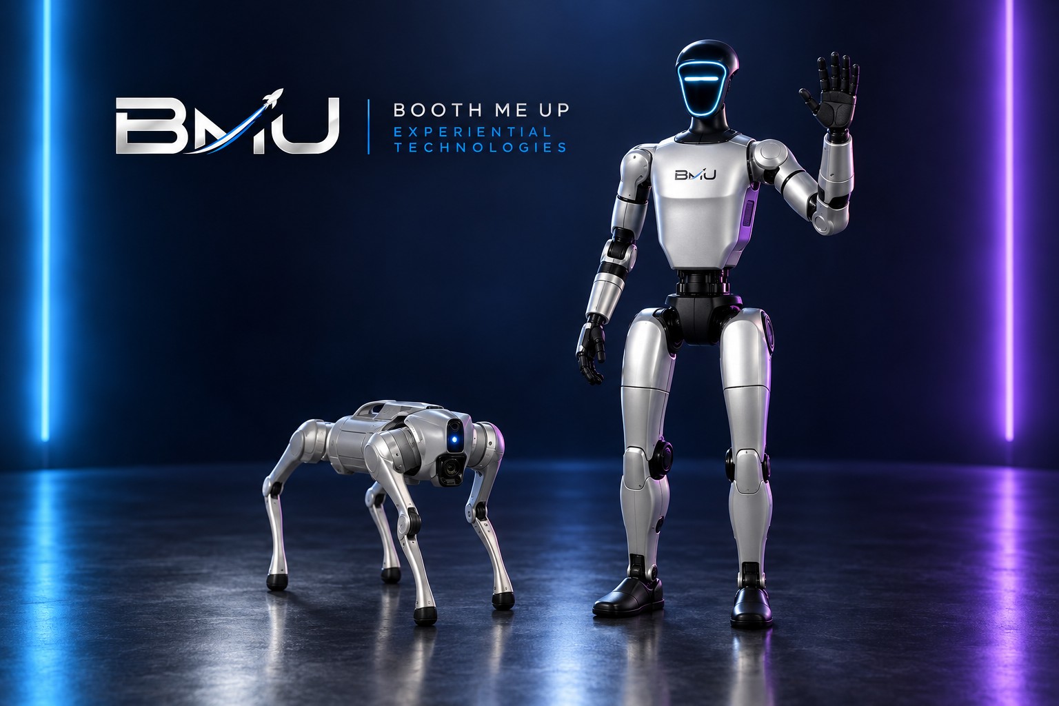 BoothMeUp humanoid and robot dog configuration visualization in a navy studio