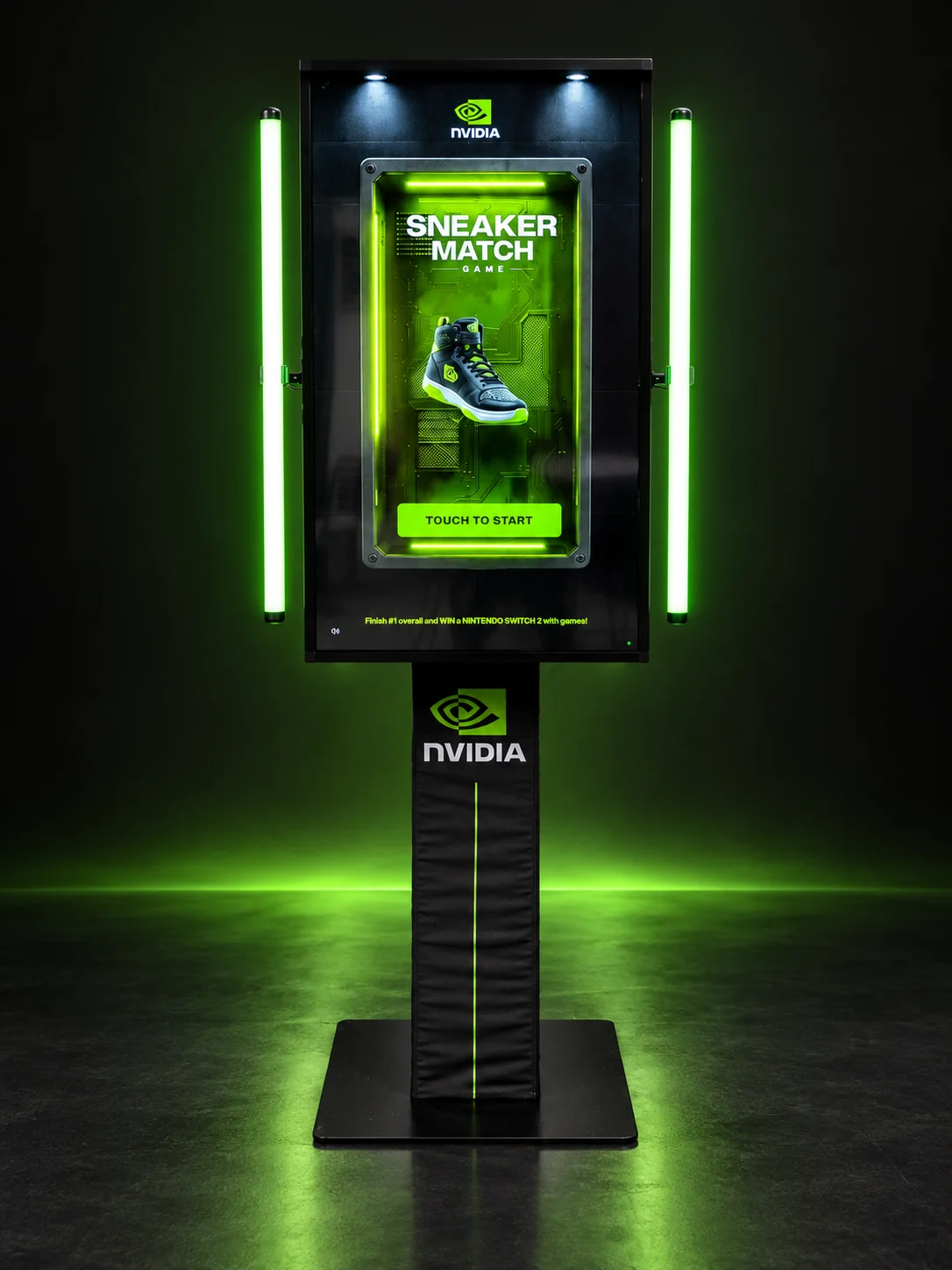 Full-height NVIDIA-branded Match Game touchscreen kiosk, shown as a clean product-style equipment visual