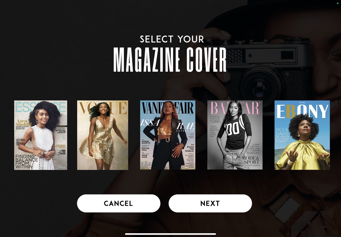 Choose your magazine treatment · BoothMeUp magazine cover booth