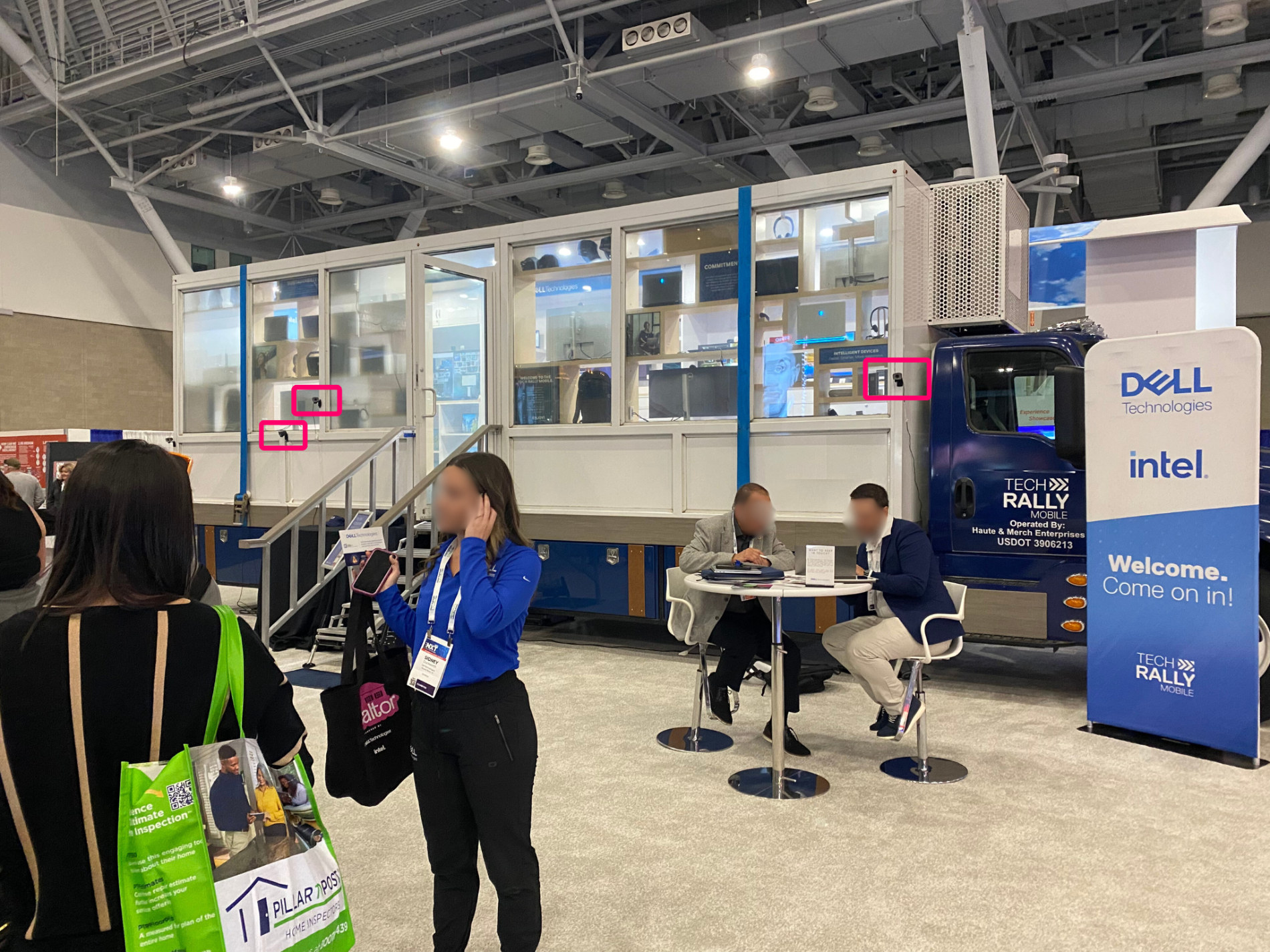 Zenus camera placement example with measured positions marked on a trade show installation