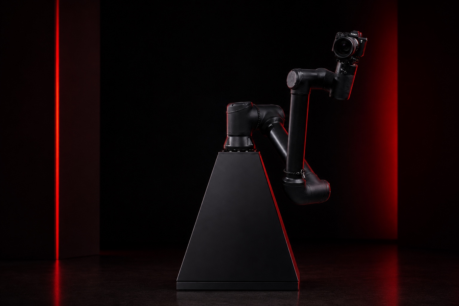 Cinema camera mounted to Robot Jr. for programmed glambot movement