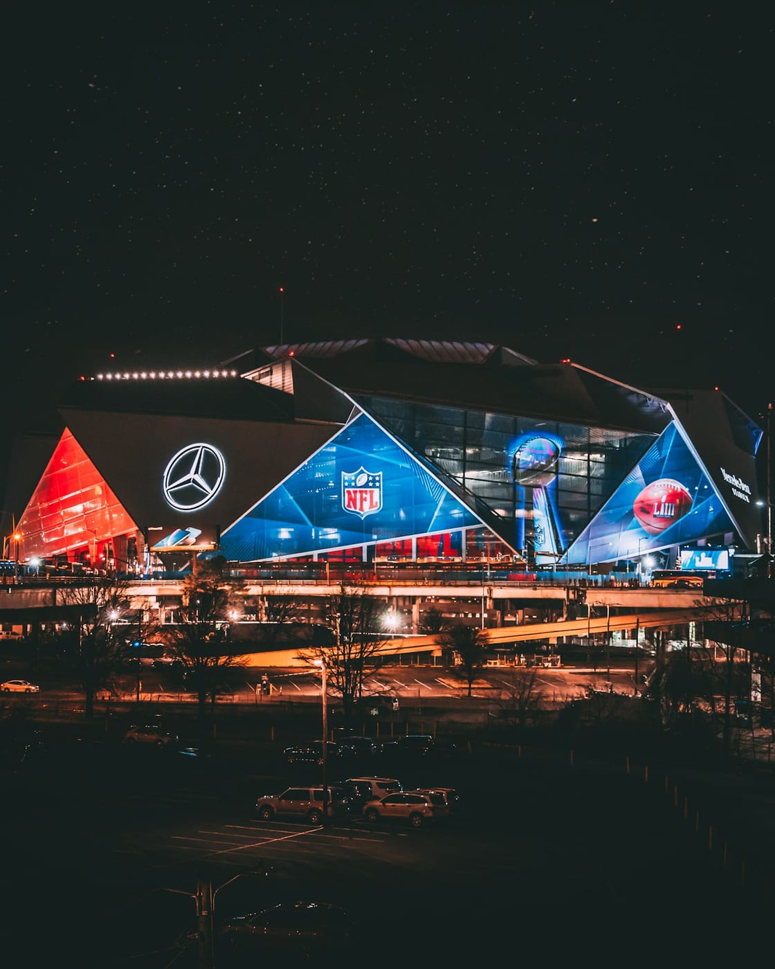 Mercedes-Benz Stadium illuminated for an event
