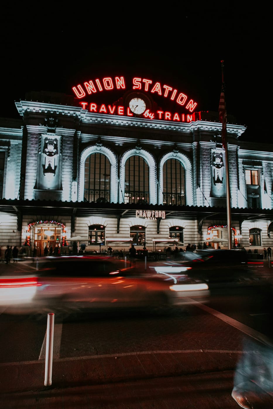Denver Union Station illuminated at night