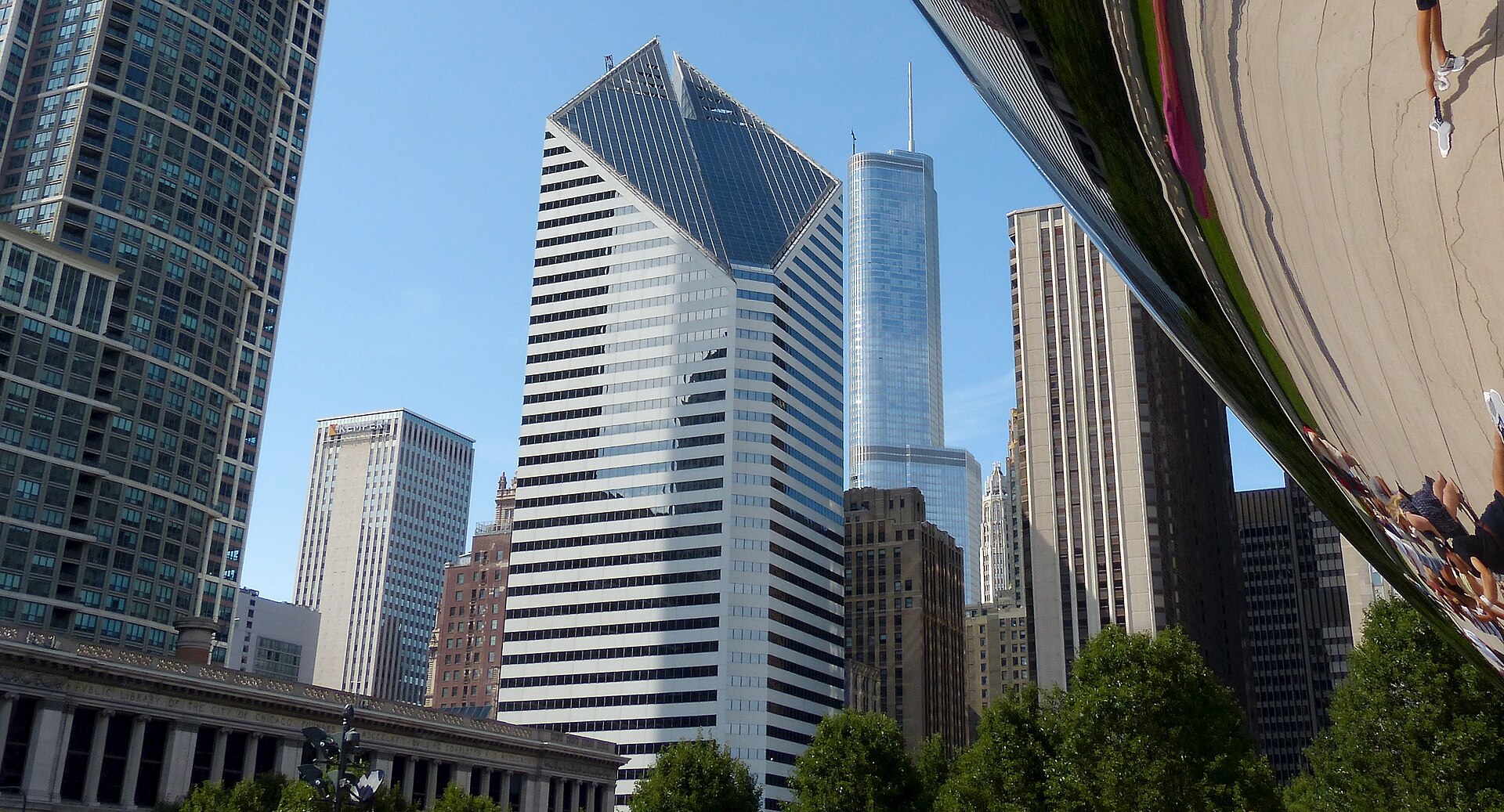 Chicago reflected beneath Cloud Gate in Millennium Park