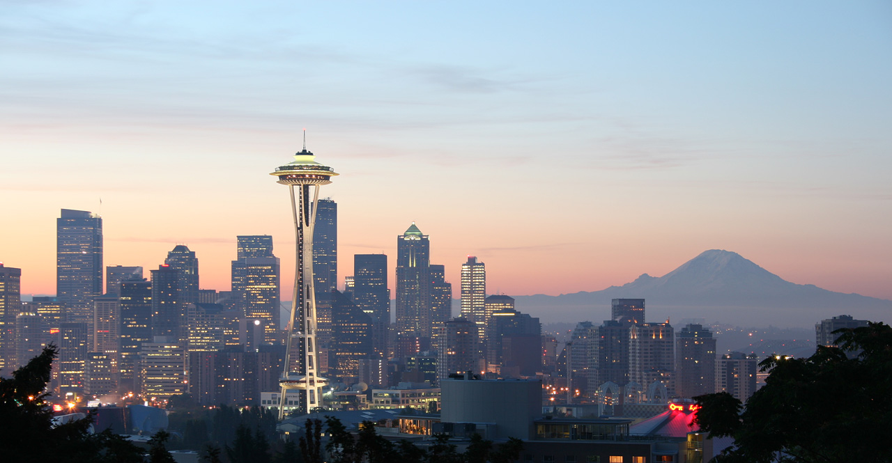 Seattle skyline with the Space Needle and Mount Rainier