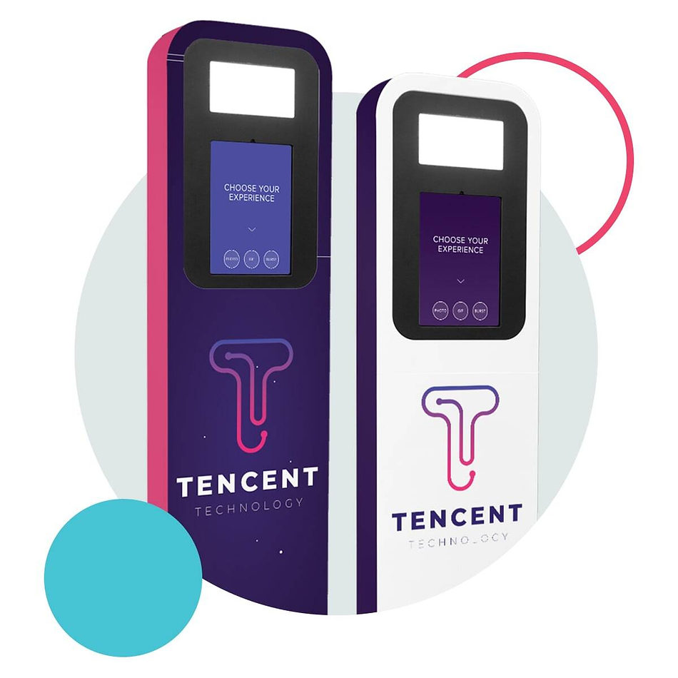Design mockup of two Tencent-branded kiosks