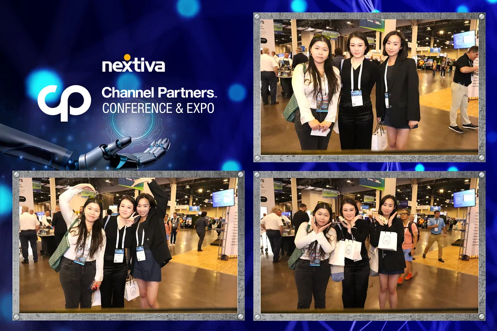 A three-photo layout combines playful group portraits with Nextiva event branding.