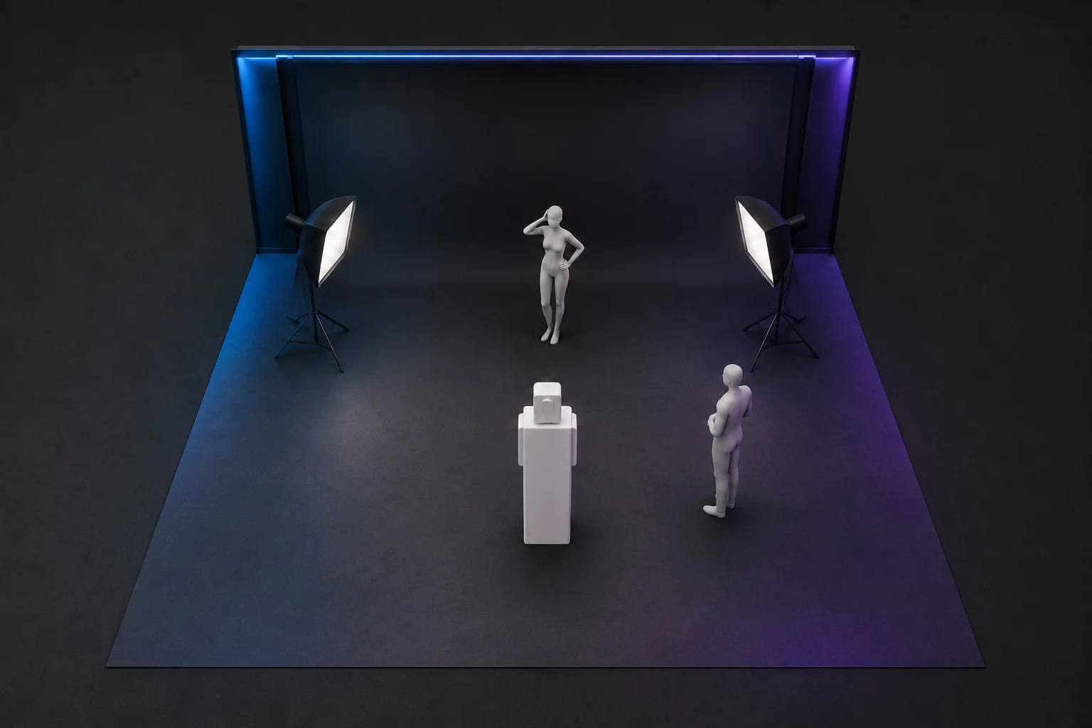 Illustrative open capture studio with camera, backdrop, lighting and clear guest approach