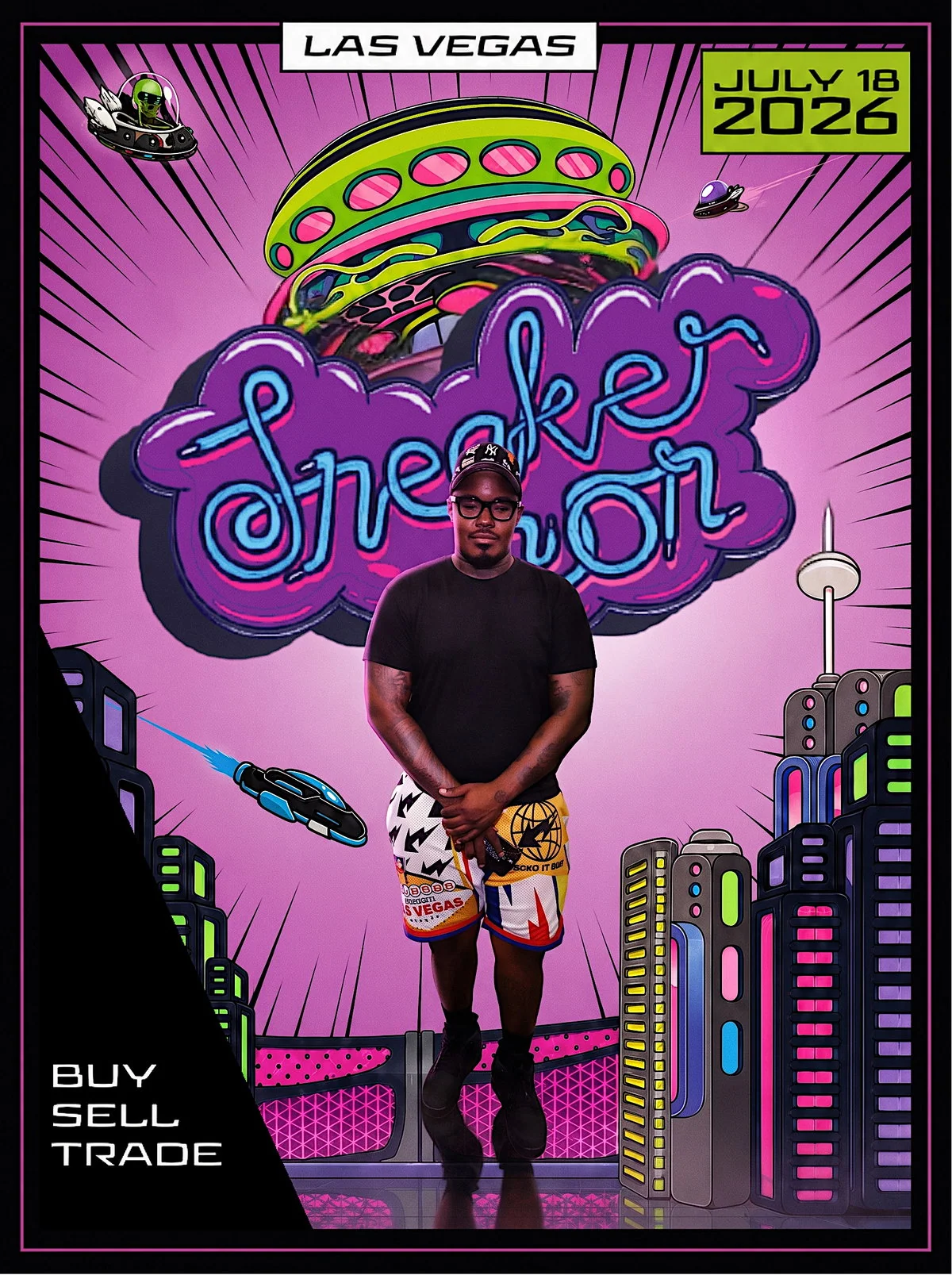 Las Vegas July 18 2026 SneakerCon card with a guest portrait