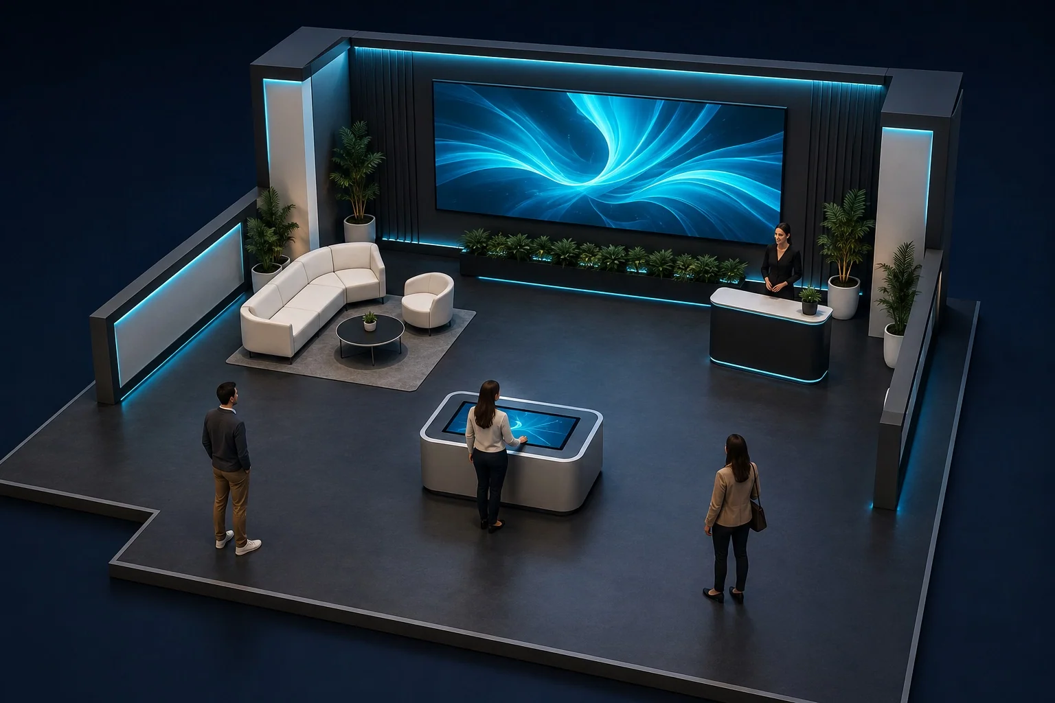 Illustrative event display lounge with guest input and a shared viewing area