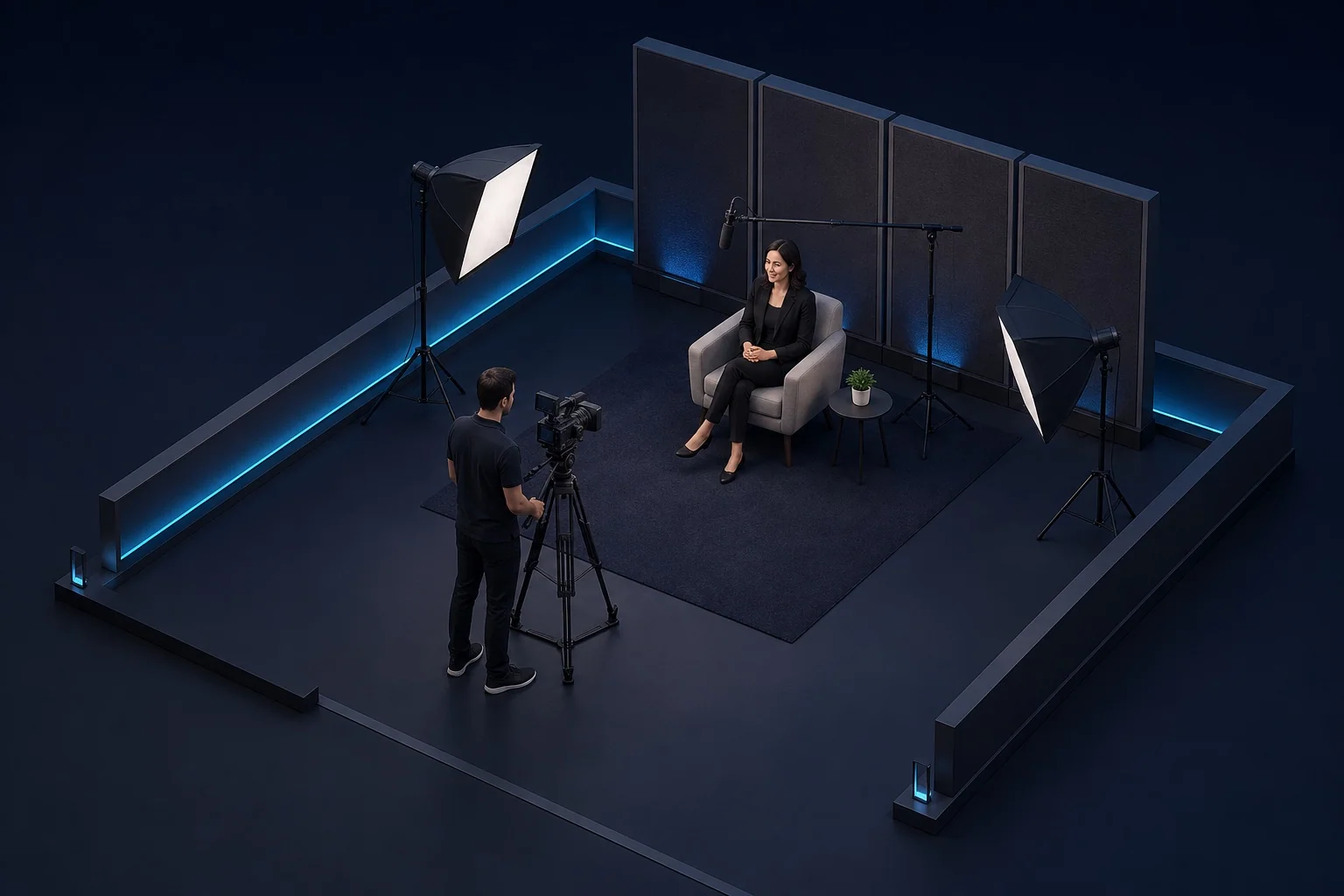 Illustrative interview studio with seated guest, camera, lighting, microphone and operator