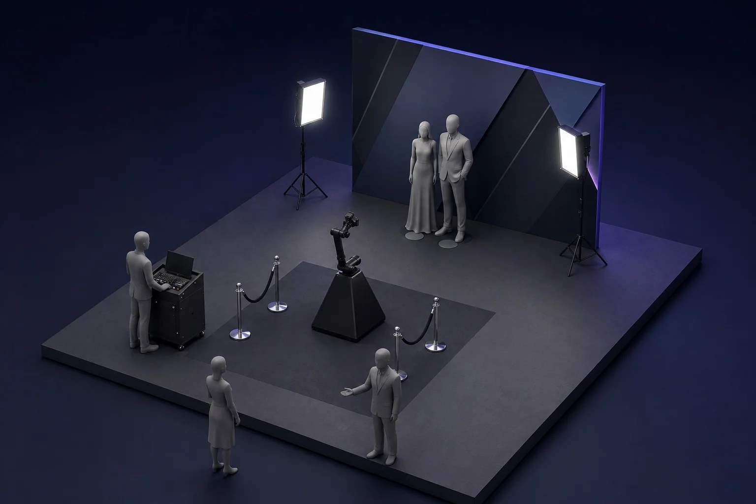 Illustrative Jr camera-robot set showing guest marks, lighting, crew position and guest approach