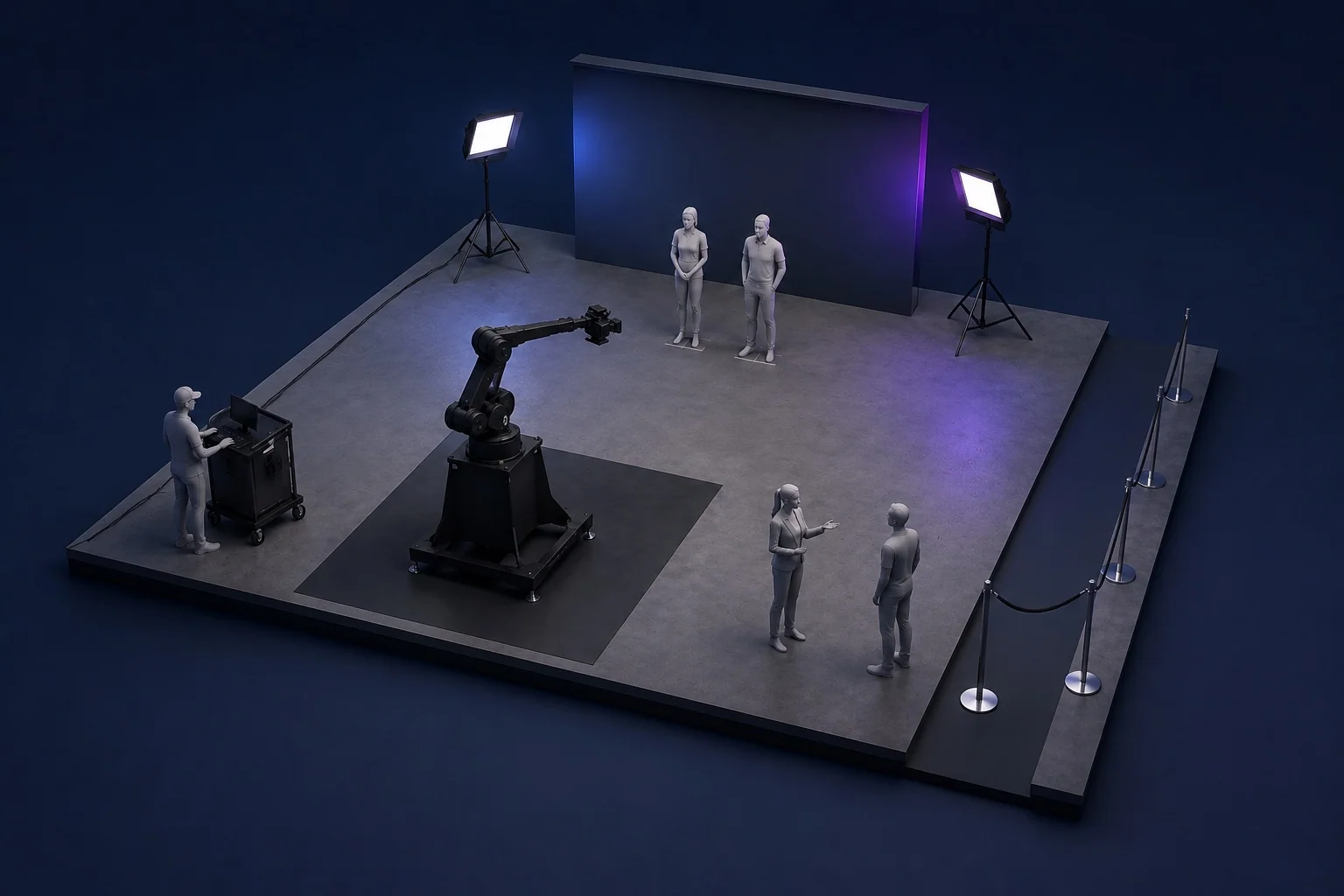 Illustrative Max camera-robot set with guest performance marks, operator position and separated queue