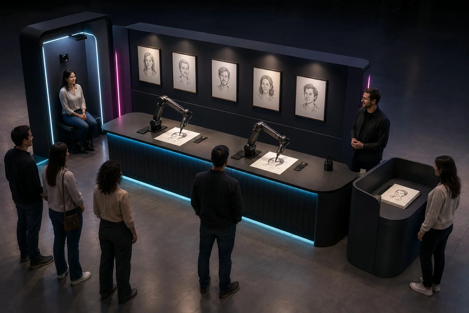 Illustrative portrait capture beside two supervised drawing robots and a separate sketch collection point