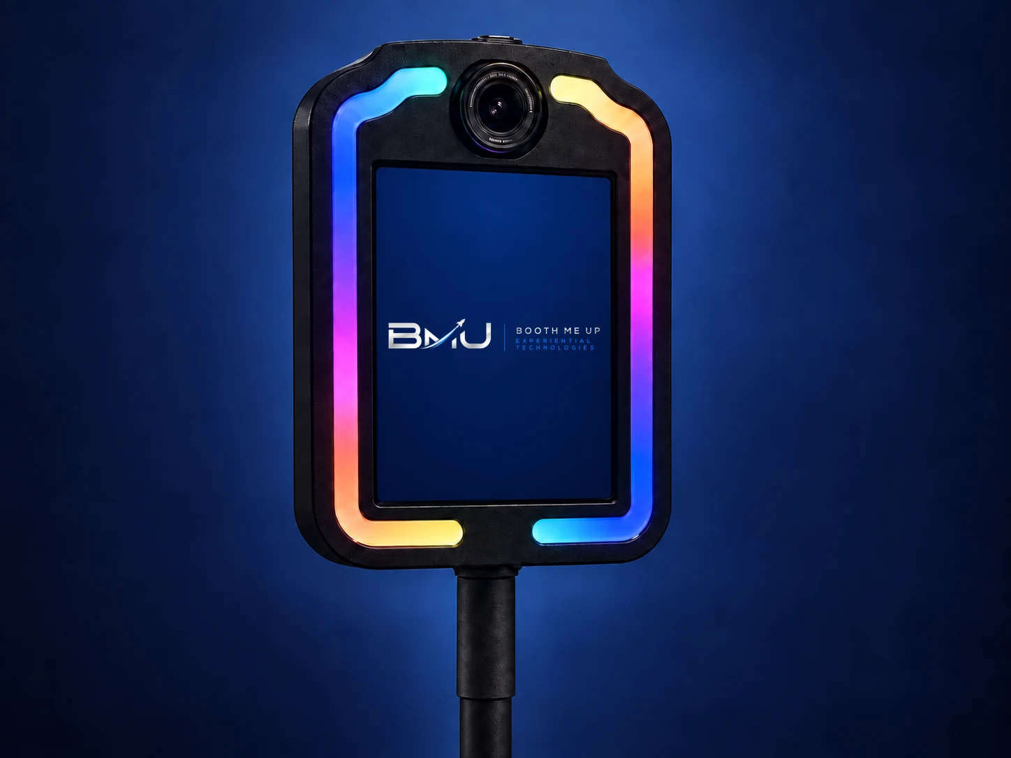 BoothMeUp Selfie Roamer event photo booth with a branded guest screen for photo, GIF and video capture