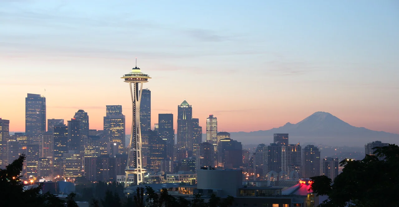 Seattle skyline with the Space Needle and Mount Rainier