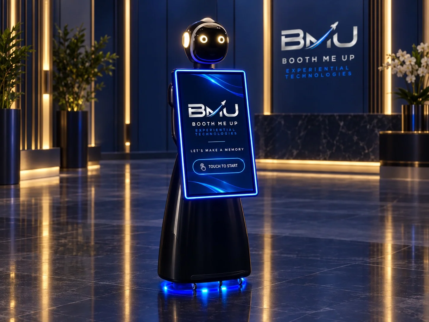 All-black SnapBot Rosie photo robot with a large front screen, shown in a staged BoothMeUp marketing setting