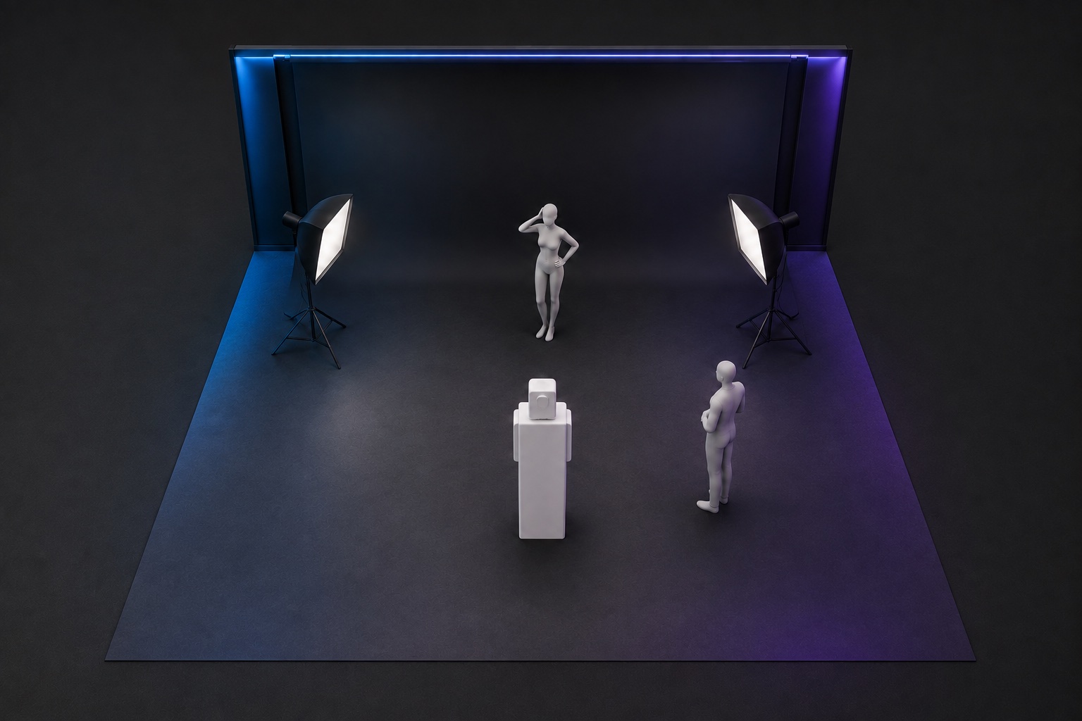 Illustrative open capture studio with camera, backdrop, lighting and clear guest approach