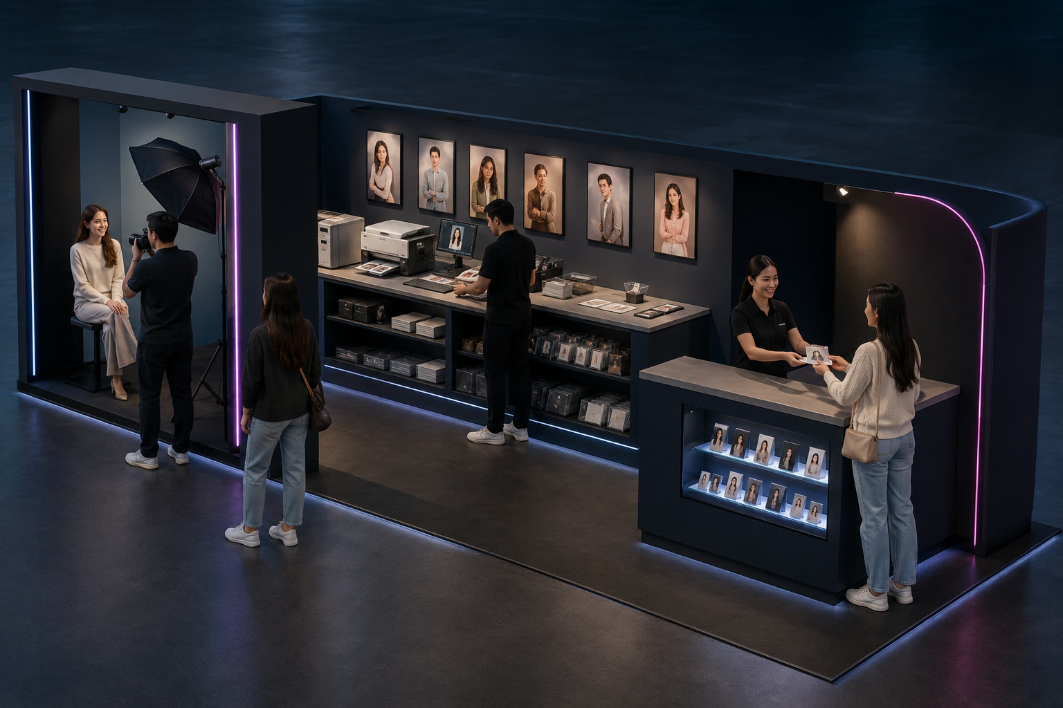 Illustrative portrait capture, staff-only card printing and finishing, and separate collection counter