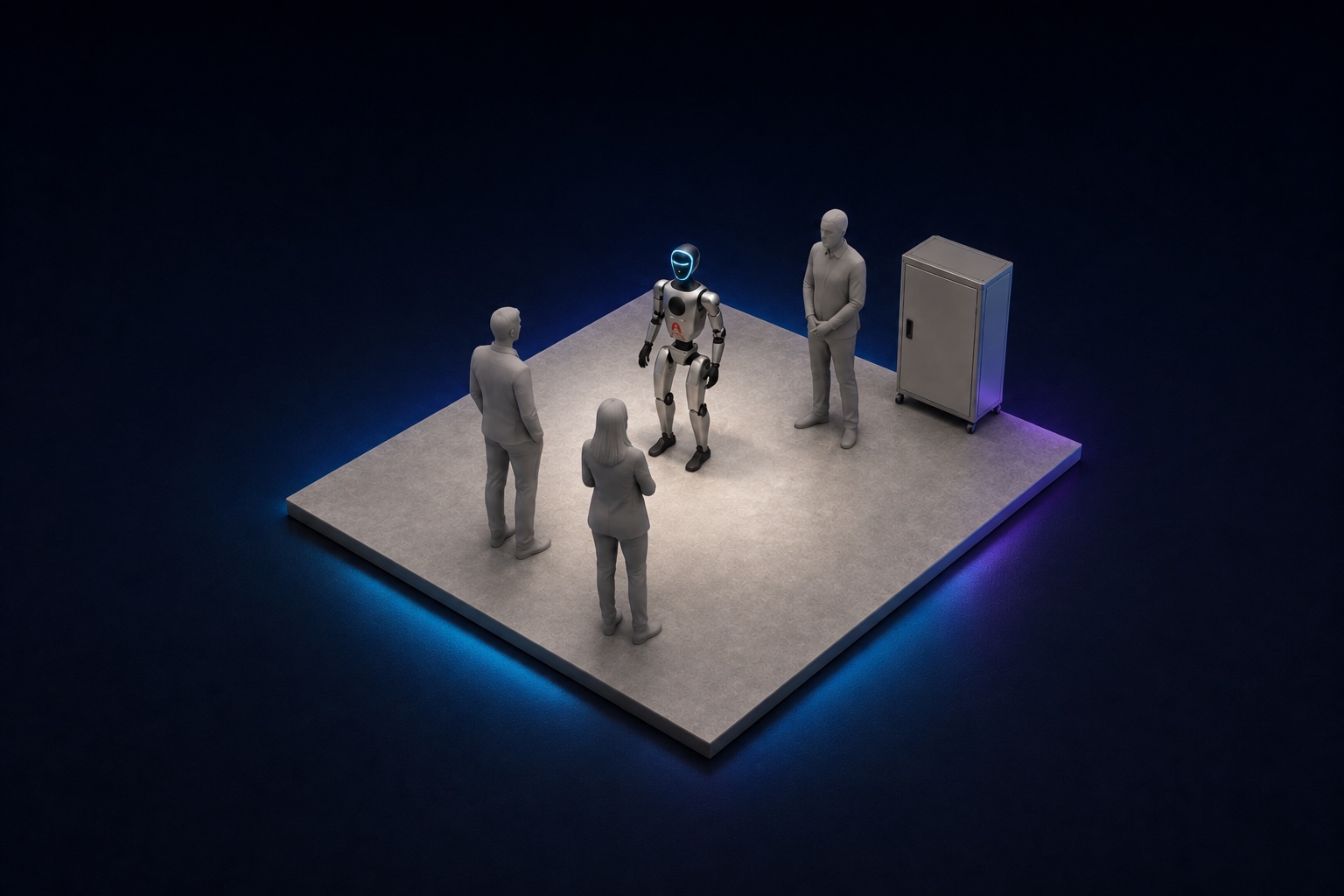 Illustrative humanoid greeting area with host, guests and a support cabinet