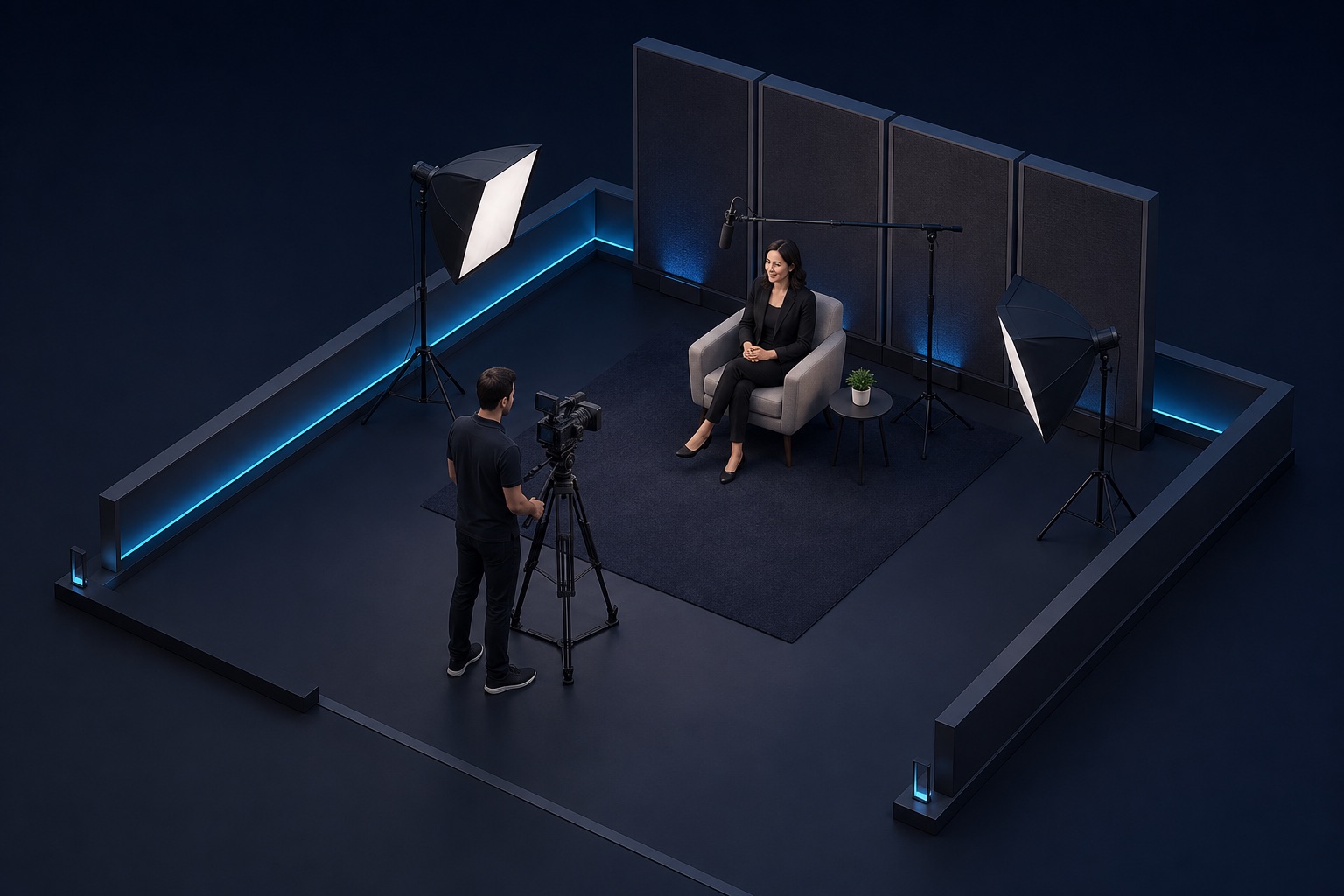 Illustrative interview studio with seated guest, camera, lighting, microphone and operator