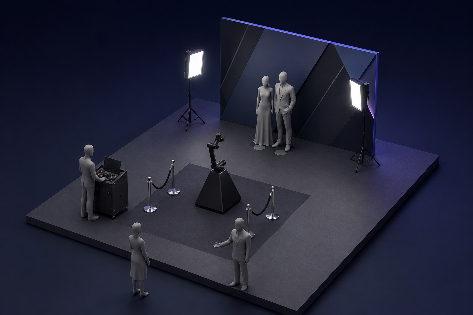 Illustrative Jr camera-robot set showing guest marks, lighting, crew position and guest approach