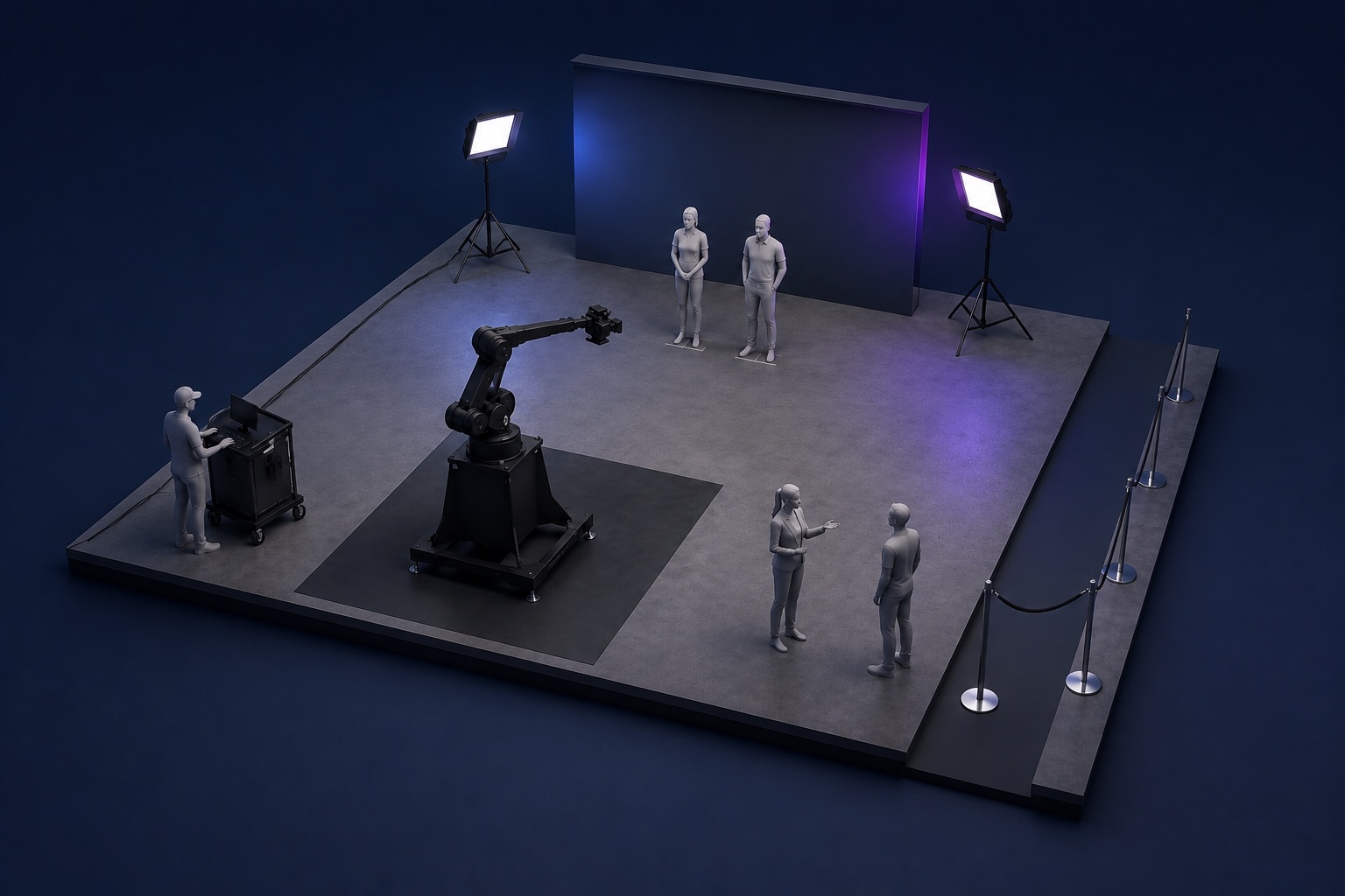 Illustrative Max camera-robot set with guest performance marks, operator position and separated queue