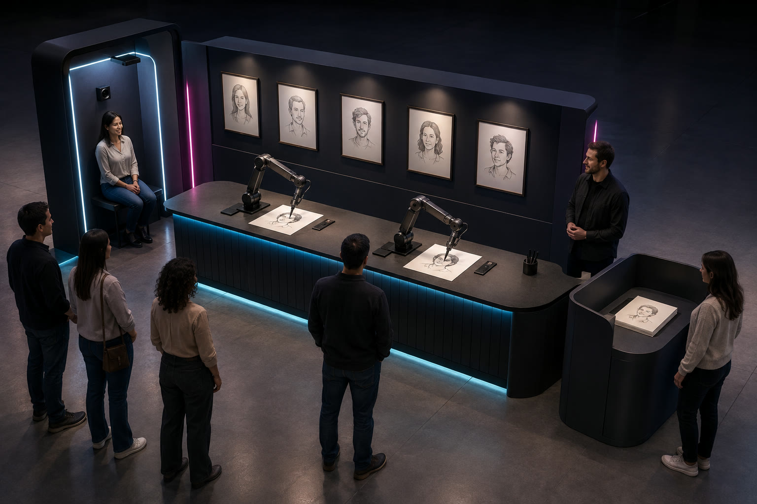 Illustrative portrait capture beside two supervised drawing robots and a separate sketch collection point